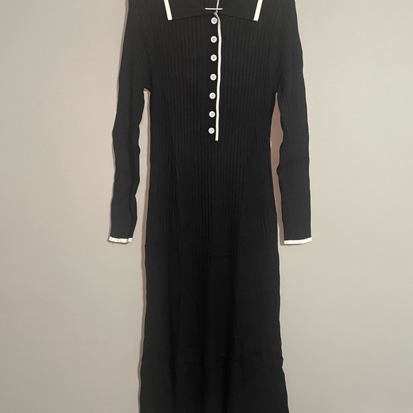PrettyGarden Dresses & Skirts - PrettyGarden Black Long-Sleeve Rib Knit Polo Dress with White Trim Medium BNWT